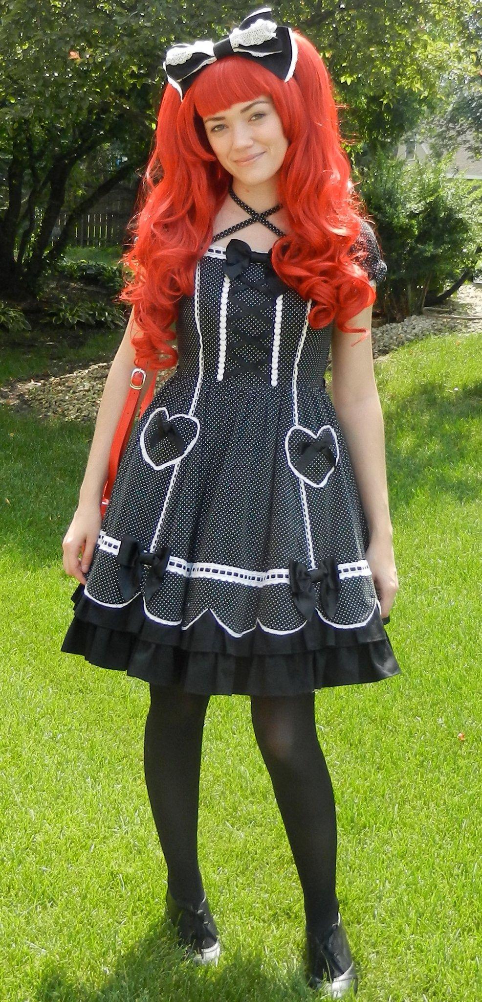 Redhead Lolita wearing Black Opaque Pantyhose and Black Sneakers